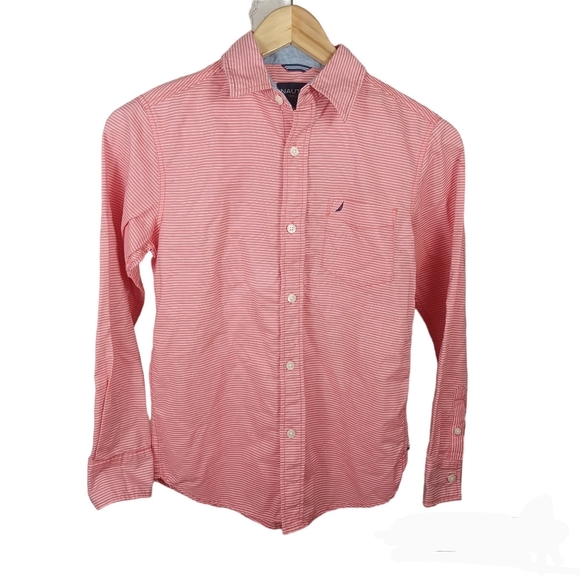 Nautica Striped Button Down Medium 10/12 Pink W/Blue Accent Cuff *TINY PINHOLE* - Picture 1 of 9